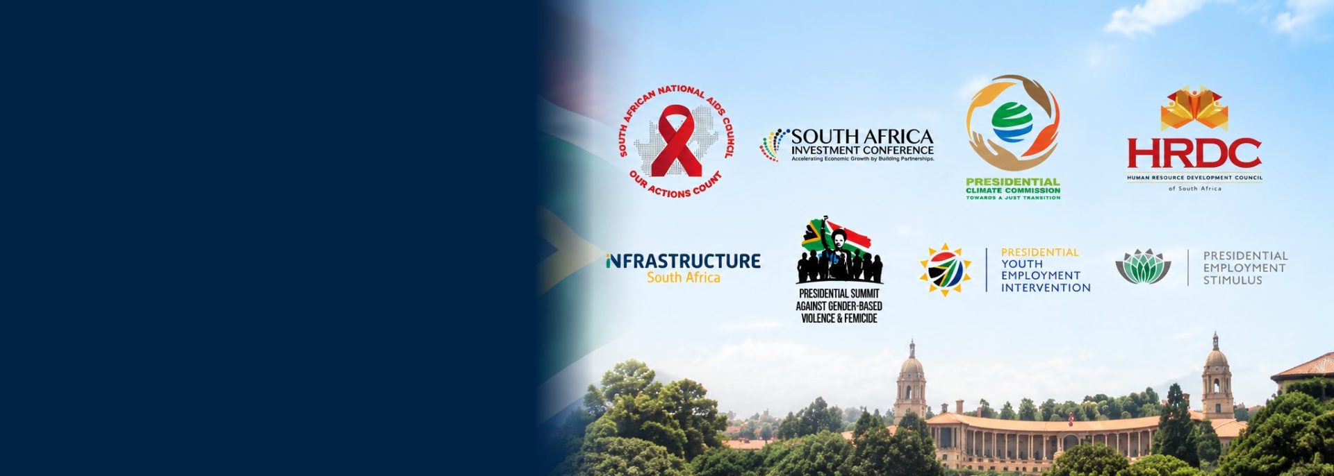 The identities of the government programmes listed on this page, over the national flag and the Union Buildings.